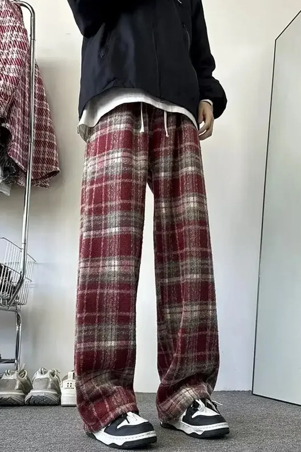 Loose Thick Woolen Plaid Men Pants