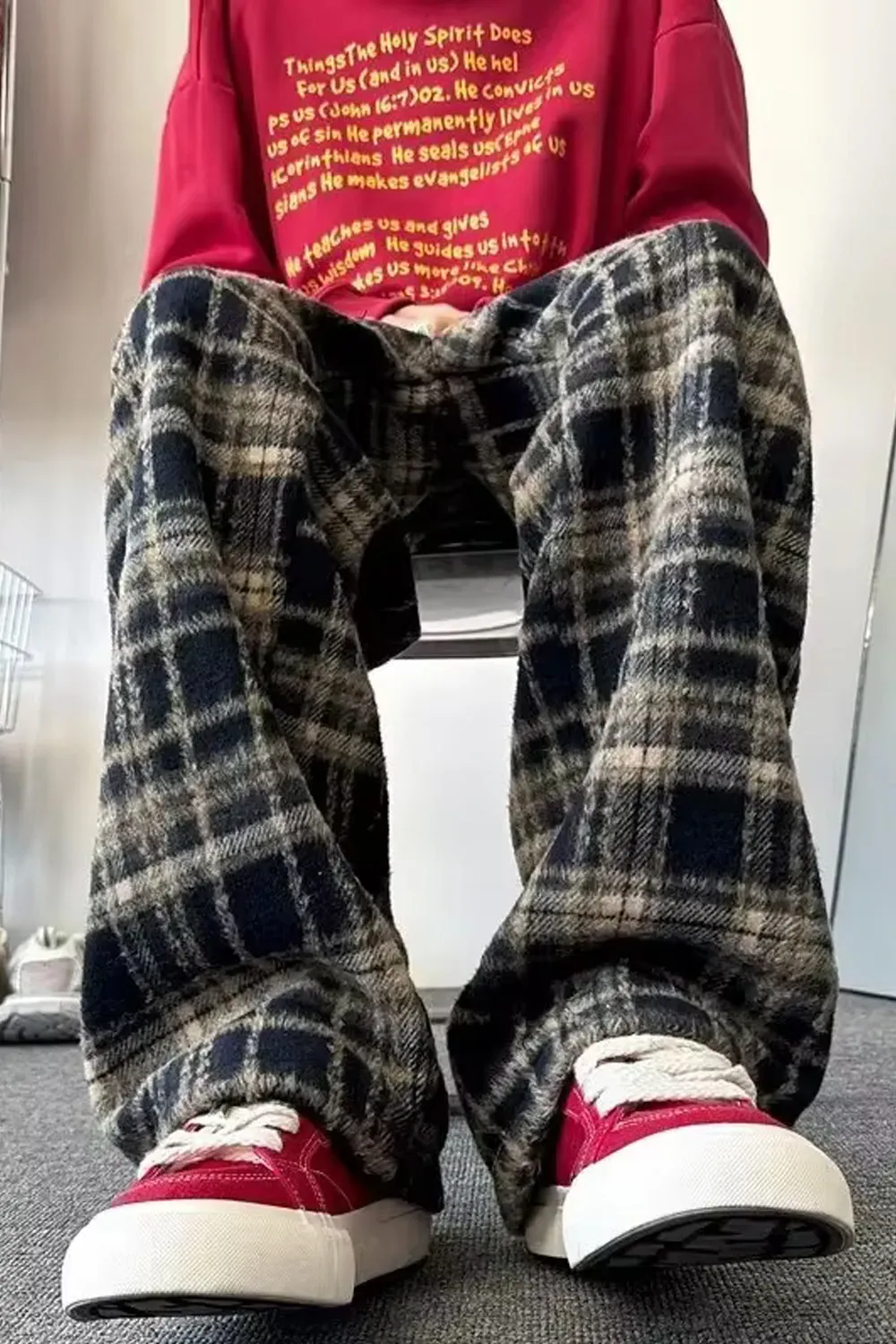 Loose Thick Woolen Plaid Men Pants