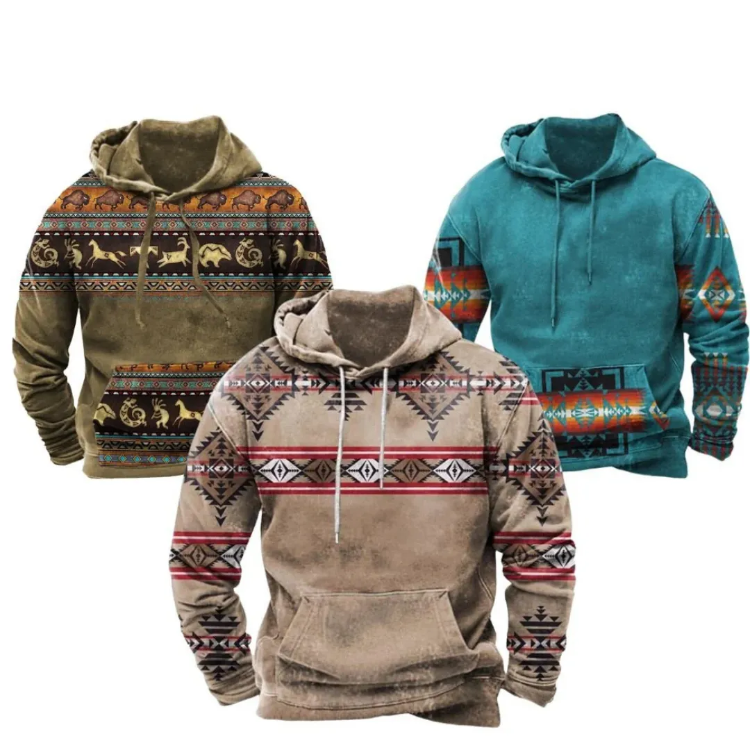 Men's Retro Printed Warm Long Sleeve Hoodie | Outdoor