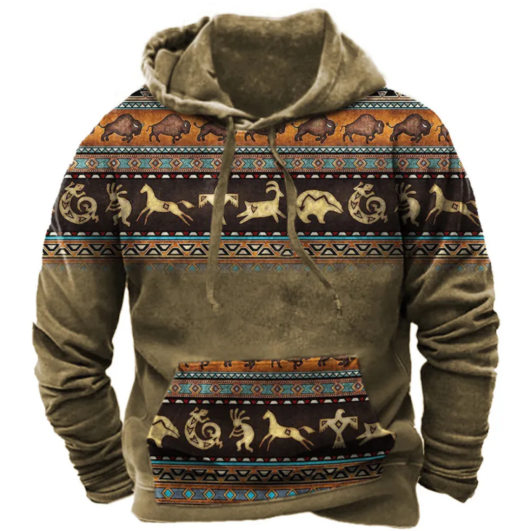 Men's Retro Printed Warm Long Sleeve Hoodie | Outdoor