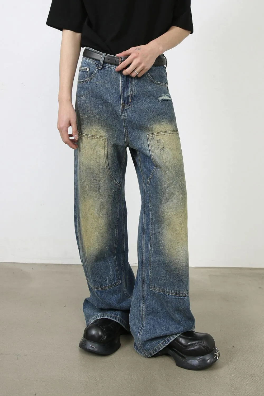 Men’s Washed Wide Leg Jeans – Relaxed Fit Streetwear Denim