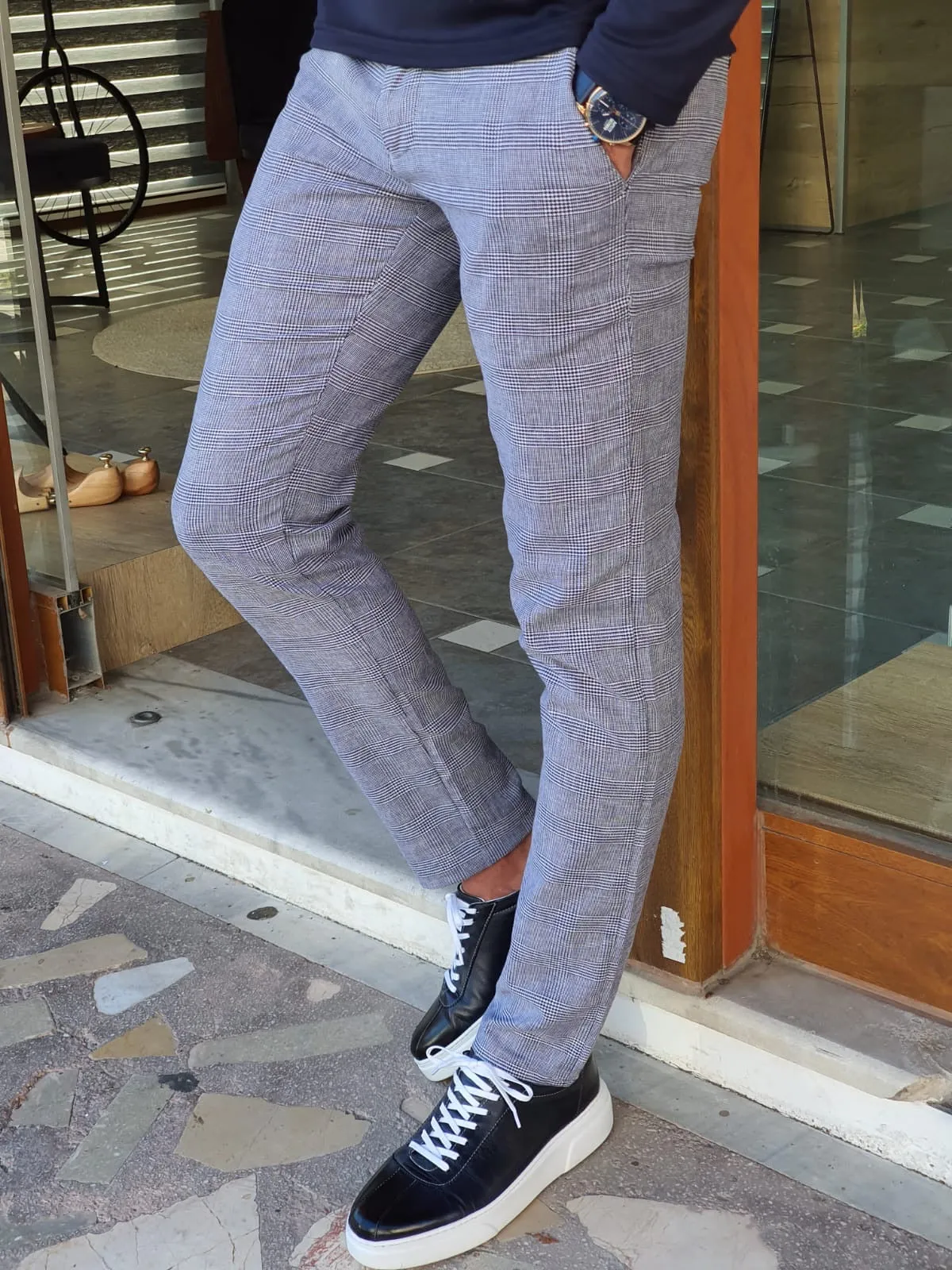 Montreal Navy Blue Slim Fit Plaid Cotton Pants