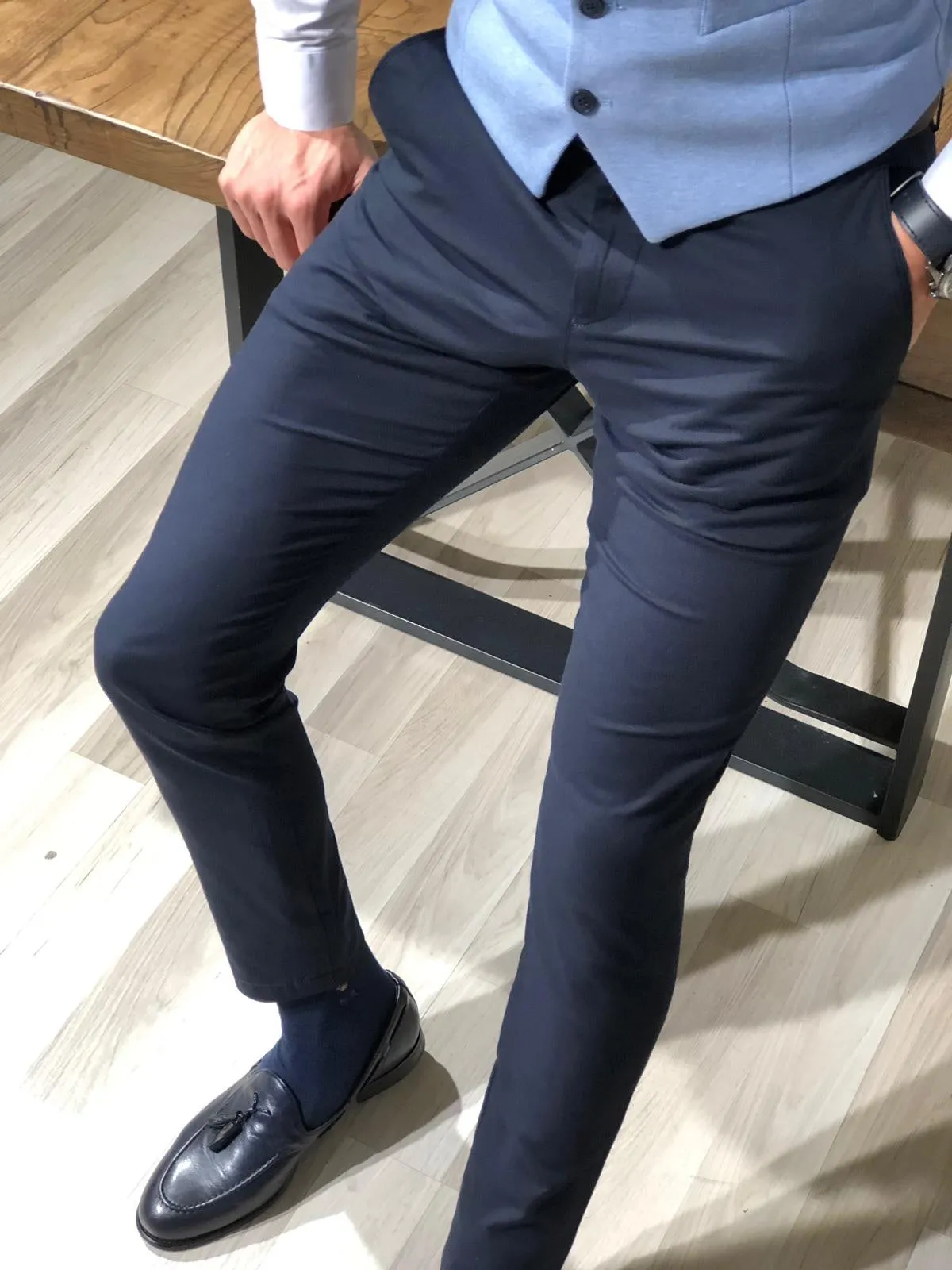 Navy Blue Cotton Slim Pants - Versatile Elegance for Every Occasion