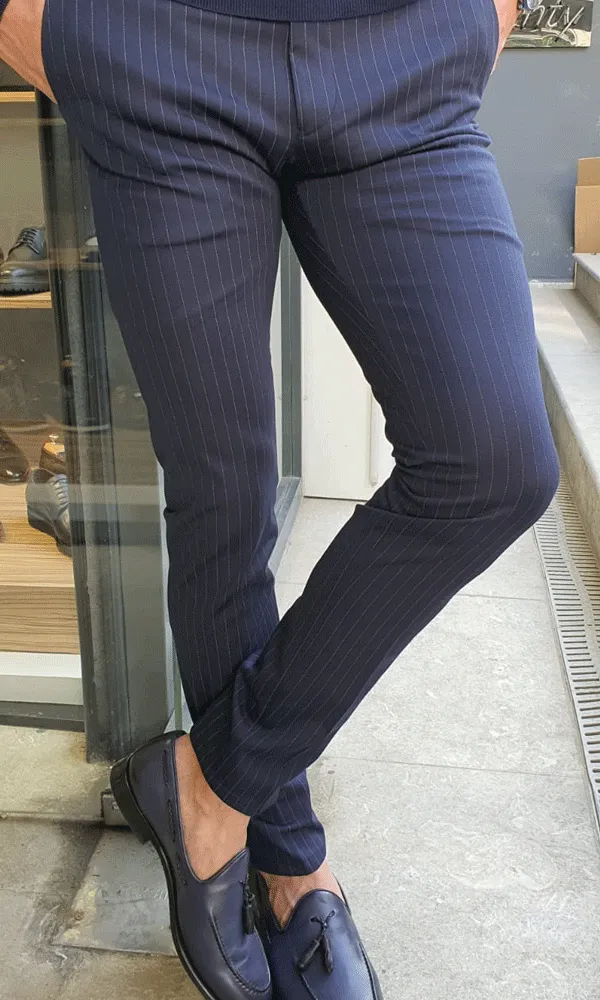 Oakland Navy Blue Slim Fit Pinstripe Pants
