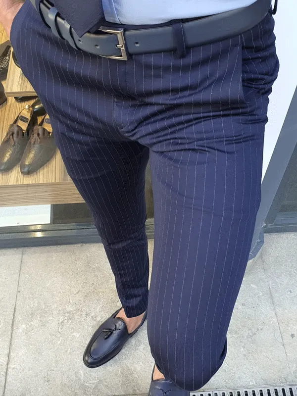Oakland Navy Blue Slim Fit Pinstripe Pants