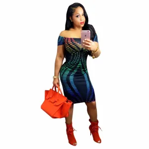 Off Shoulder Midi Geometric Printed Dress