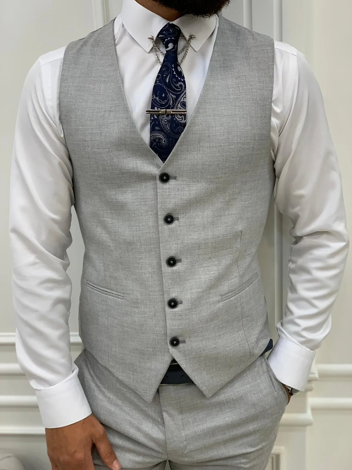 Olympia Gray Slim Fit Peak Lapel Plaid Suit