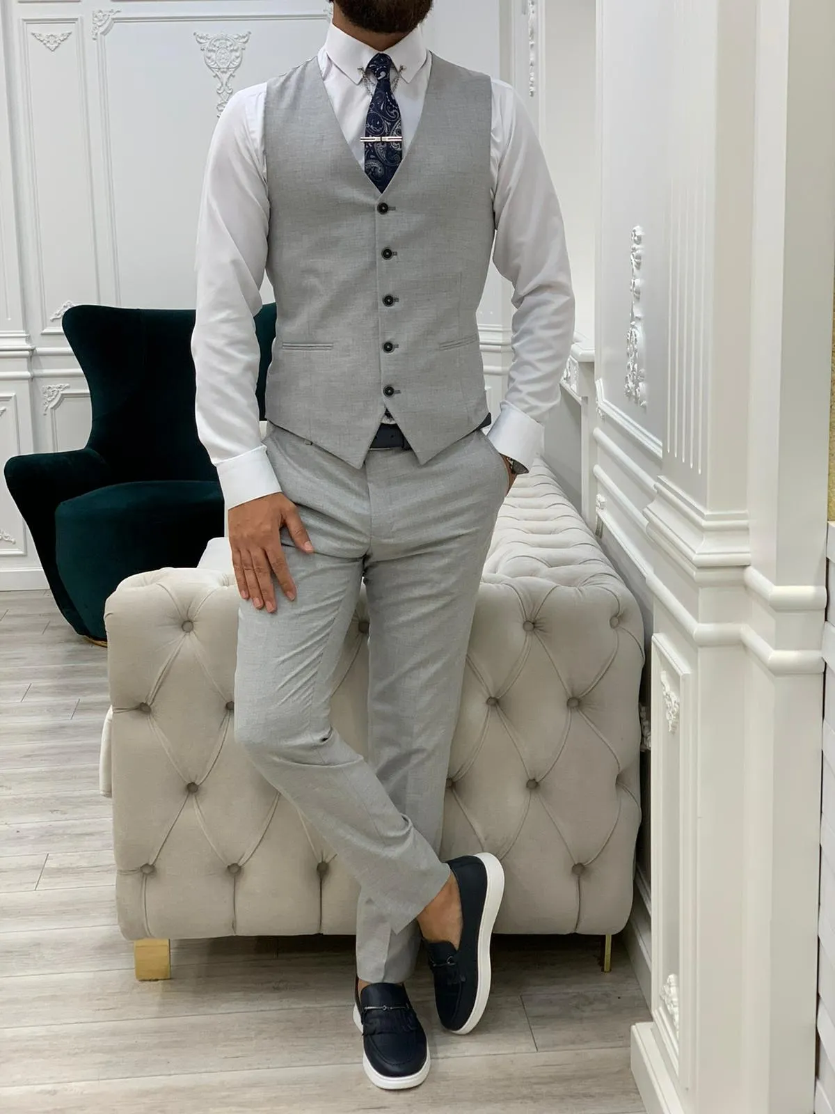 Olympia Gray Slim Fit Peak Lapel Plaid Suit