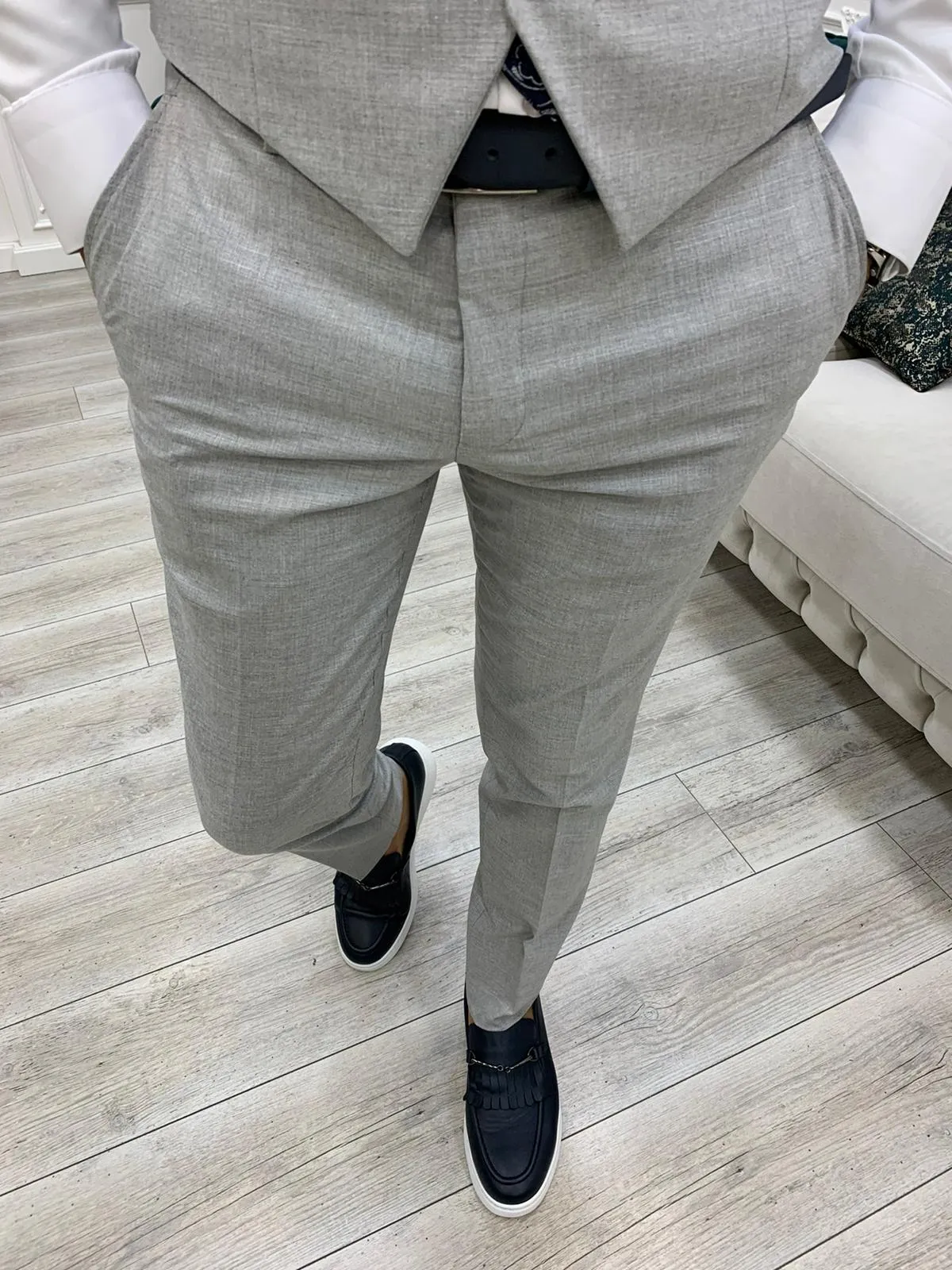 Olympia Gray Slim Fit Peak Lapel Plaid Suit