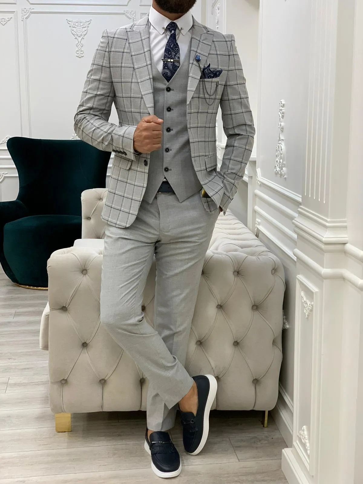 Olympia Gray Slim Fit Peak Lapel Plaid Suit