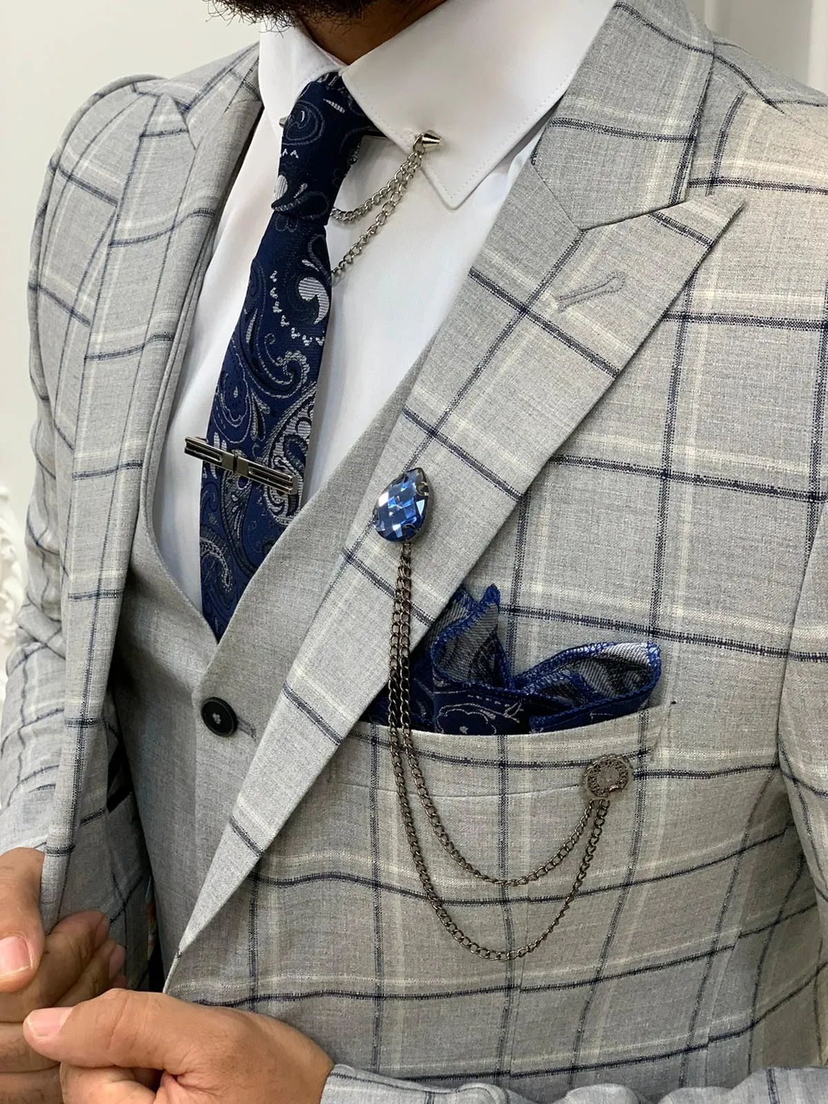 Olympia Gray Slim Fit Peak Lapel Plaid Suit