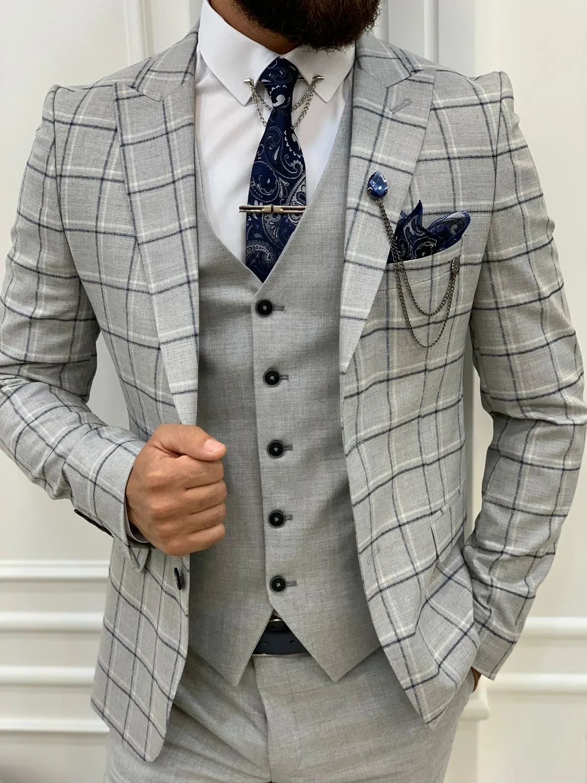 Olympia Gray Slim Fit Peak Lapel Plaid Suit