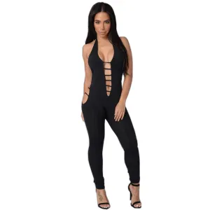 Overalls Black Halter Straps Backless Cut Out Jumpsuit Deep Plunge Playsuit