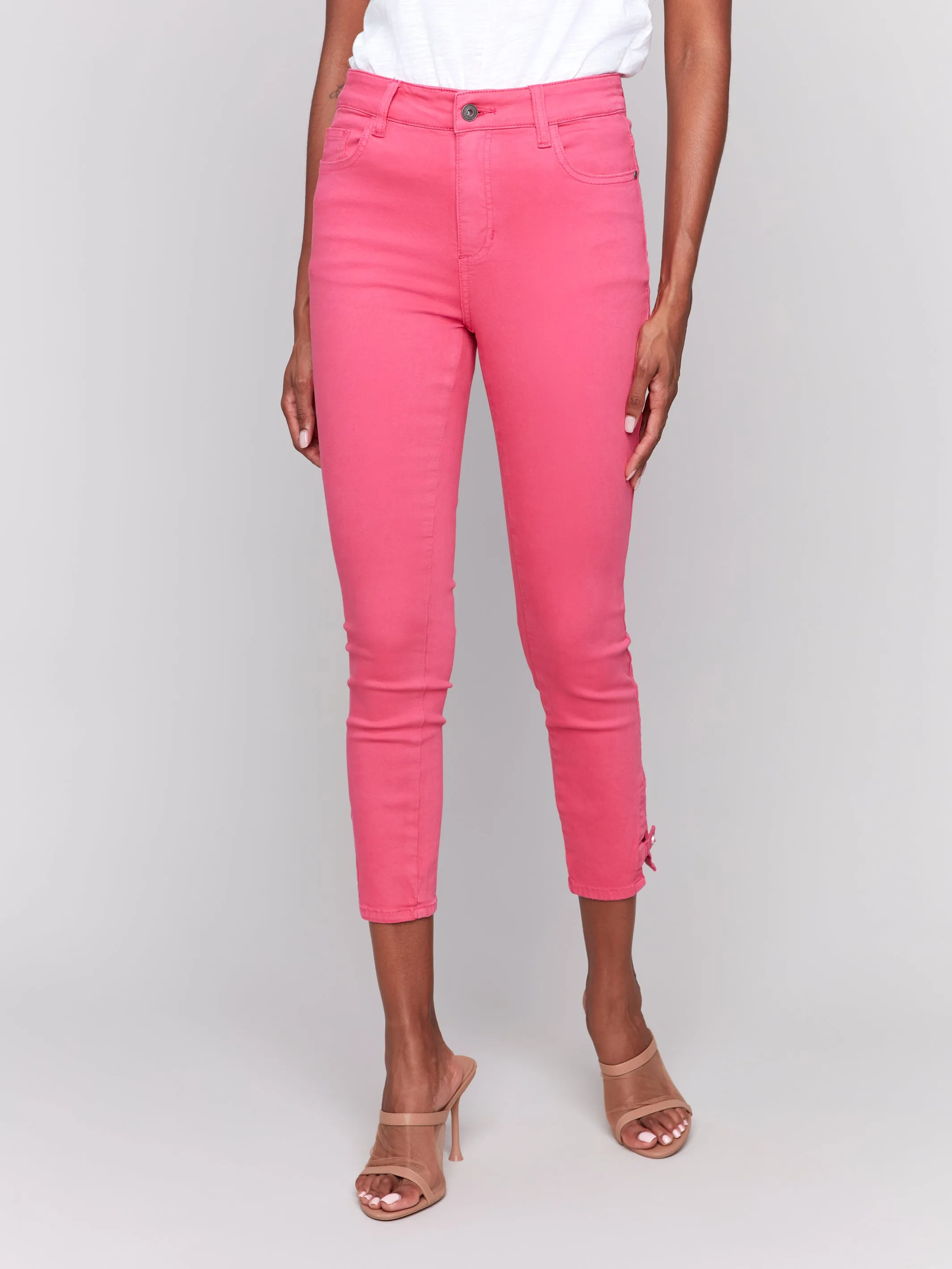 Paradise Pink Twill Mini Tab Ankle Slim Pants
