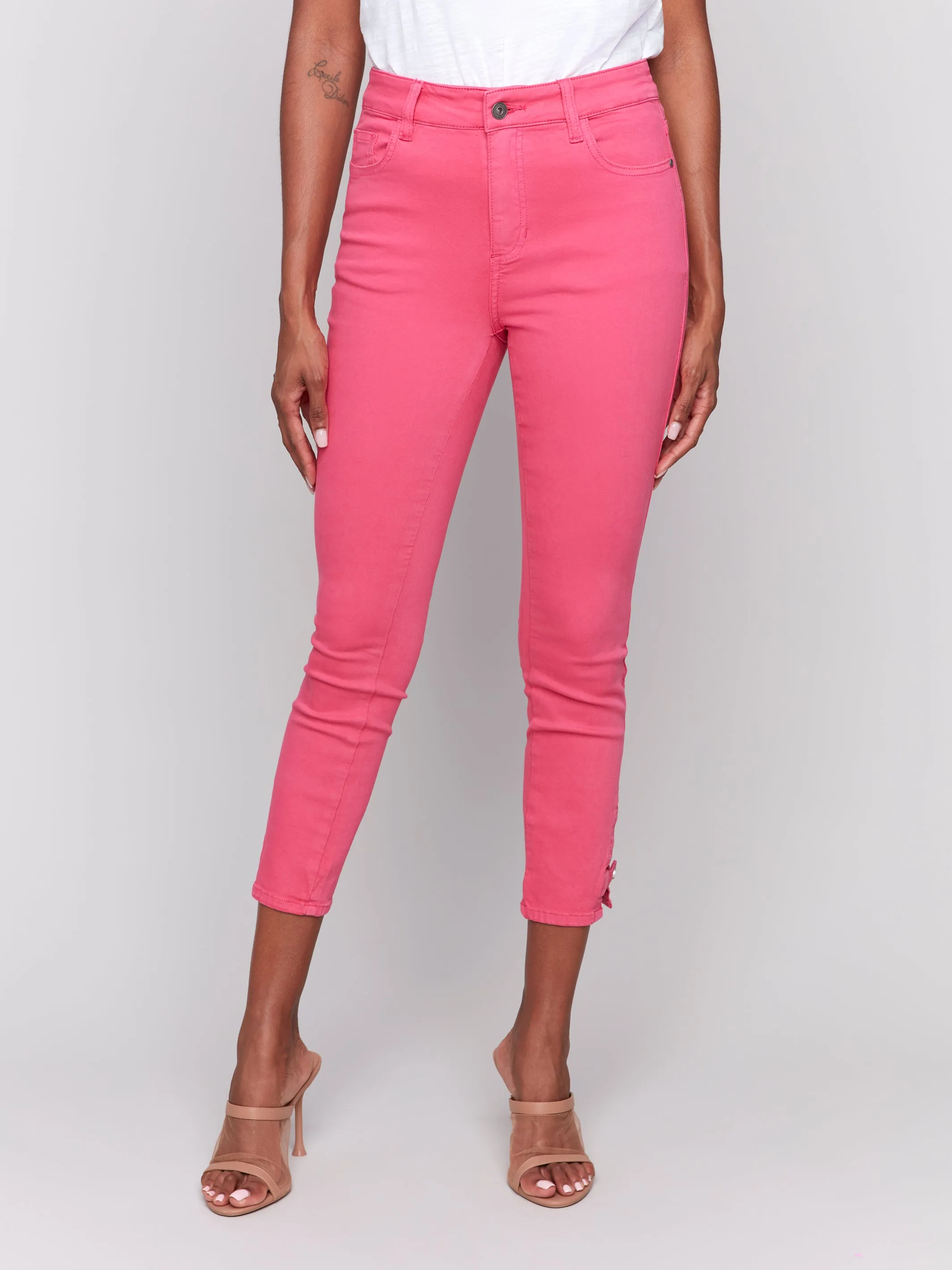 Paradise Pink Twill Mini Tab Ankle Slim Pants