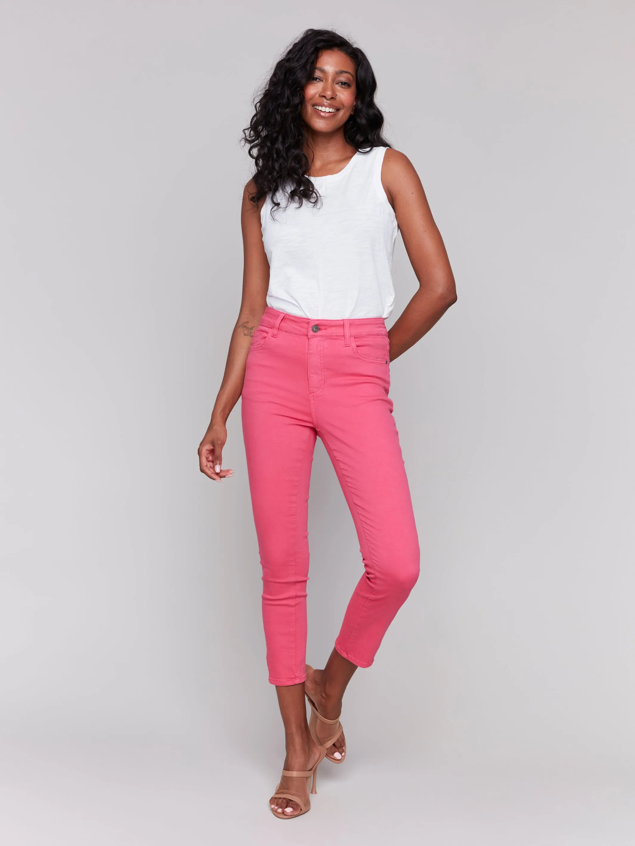 Paradise Pink Twill Mini Tab Ankle Slim Pants