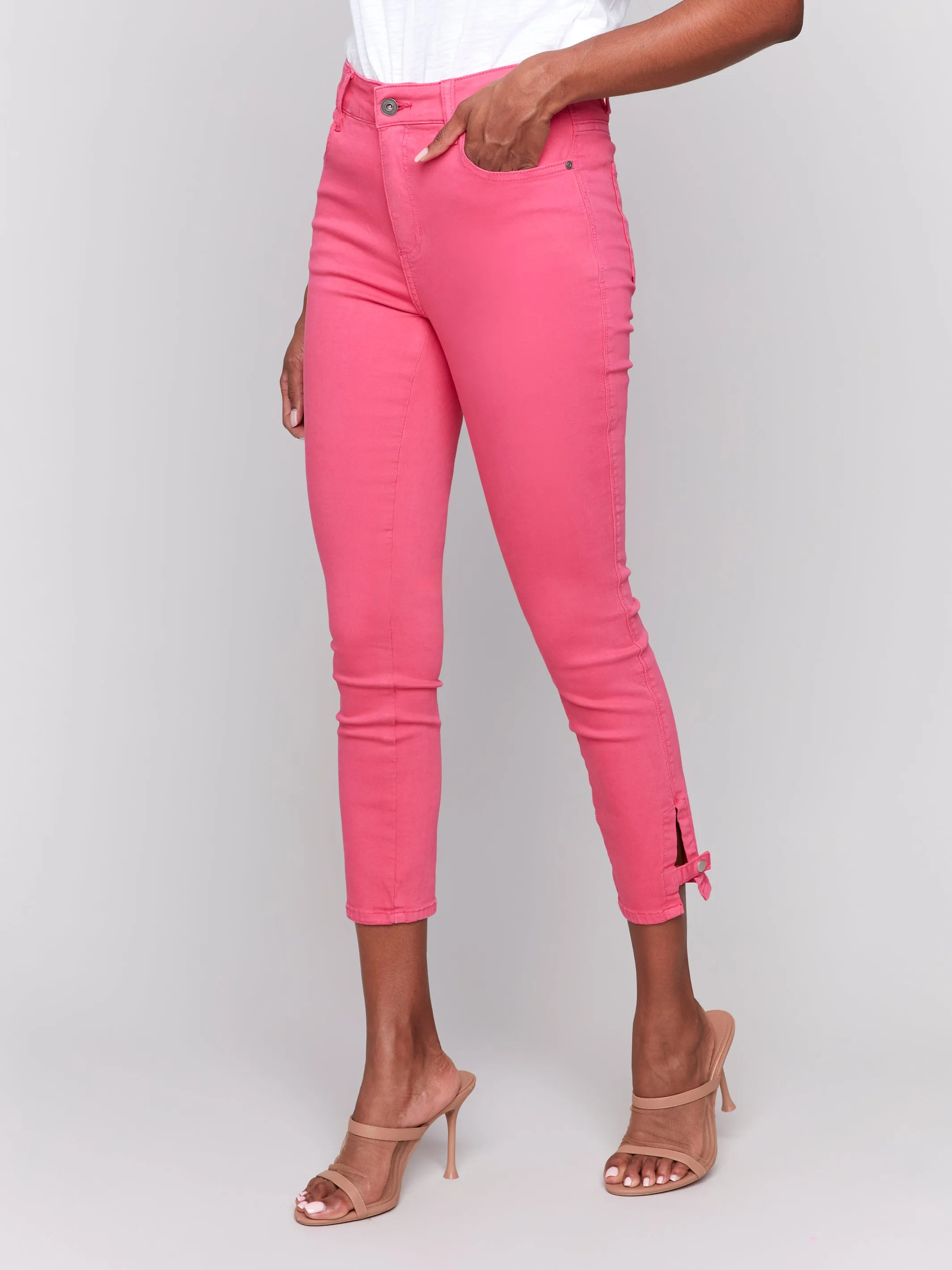 Paradise Pink Twill Mini Tab Ankle Slim Pants