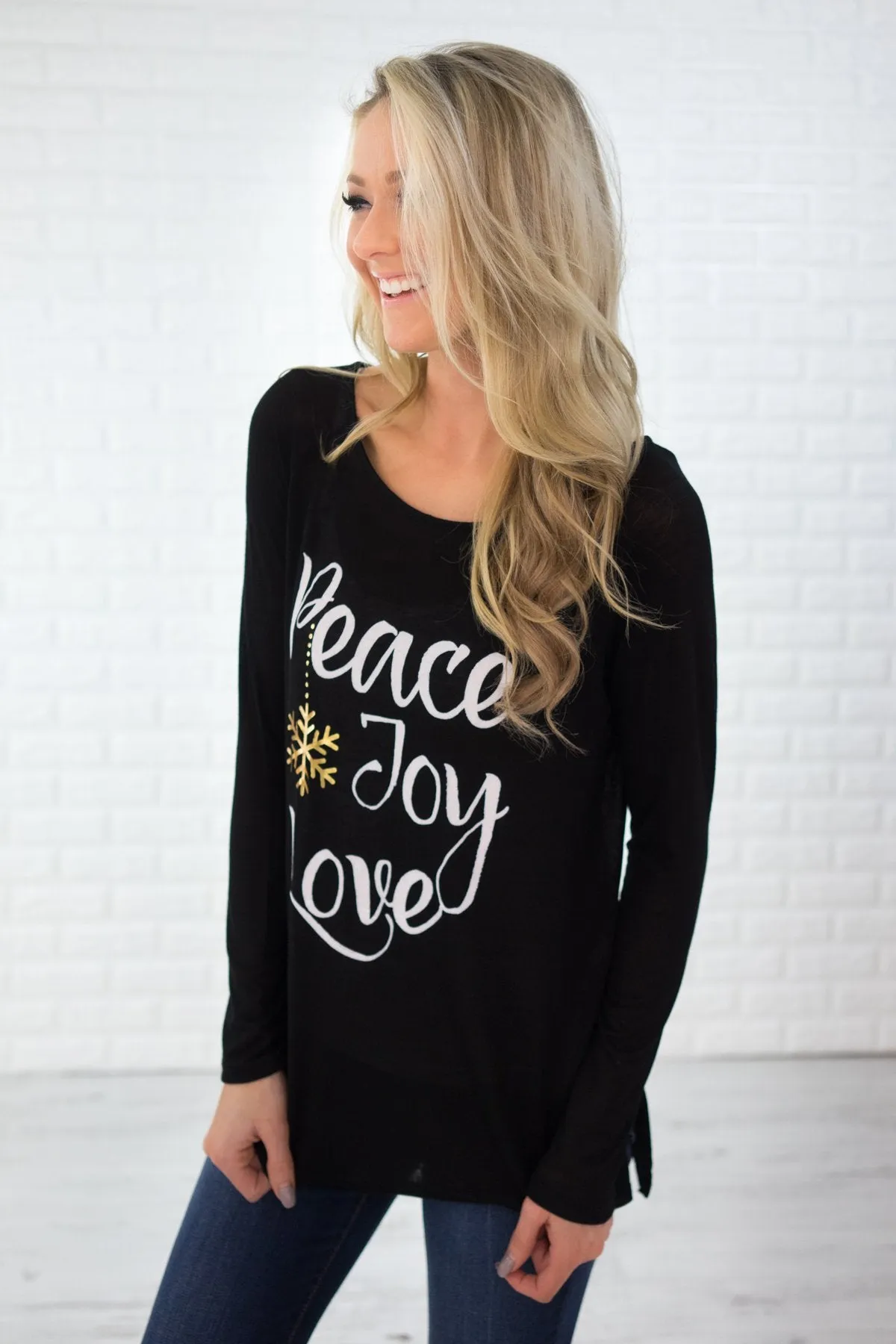 Peace, Joy & Love Long Sleeve Black Top