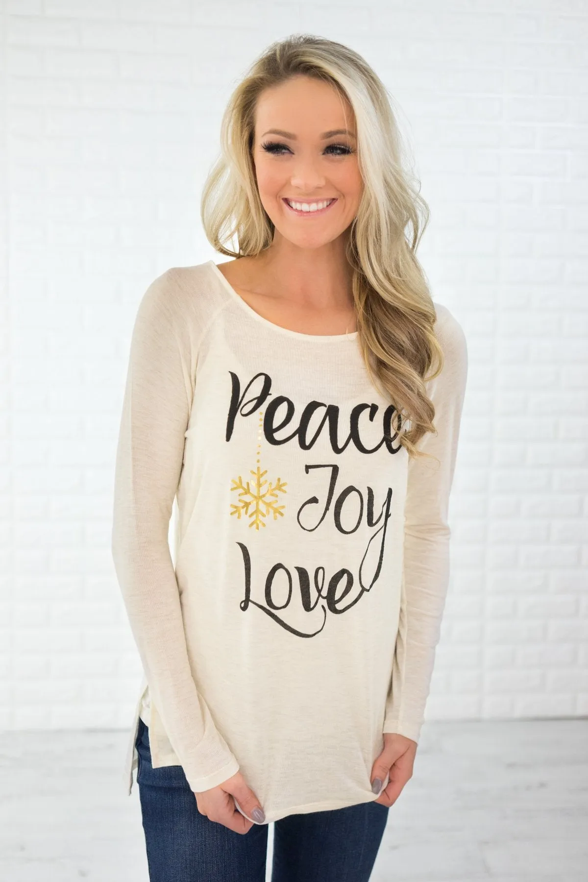 Peace, Joy & Love Long Sleeve Cream Top