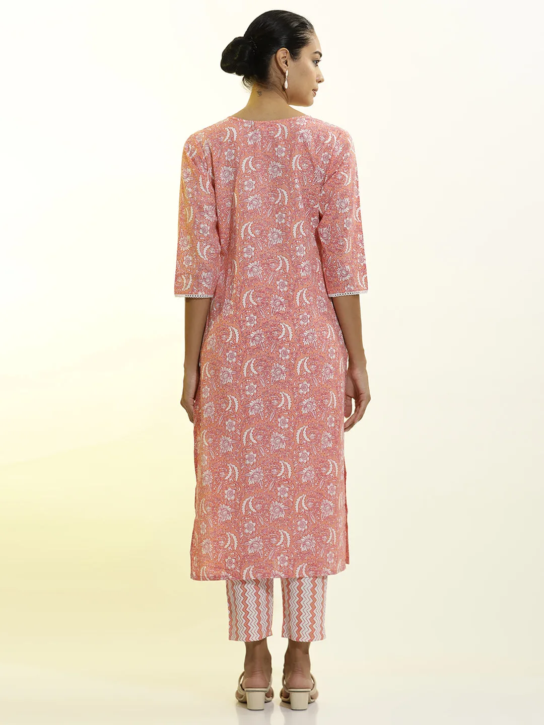 Peach Floral Printed Cotton Blend Kurta Set