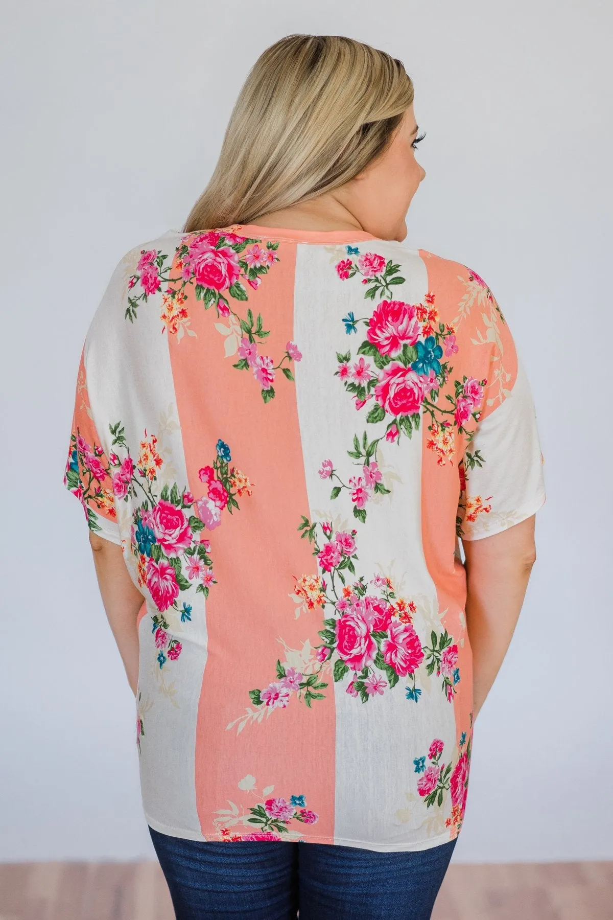 Peachy Keen Floral Dolman Knot Top- Peach & Ivory