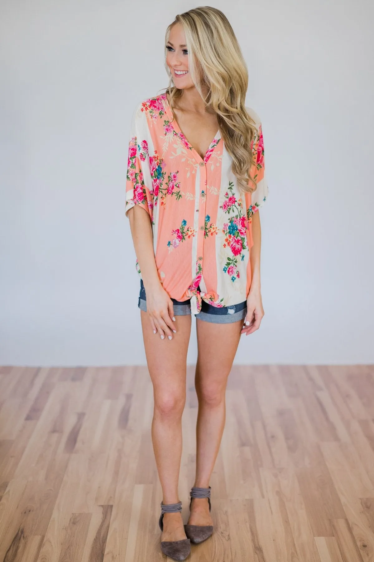 Peachy Keen Floral Dolman Knot Top- Peach & Ivory