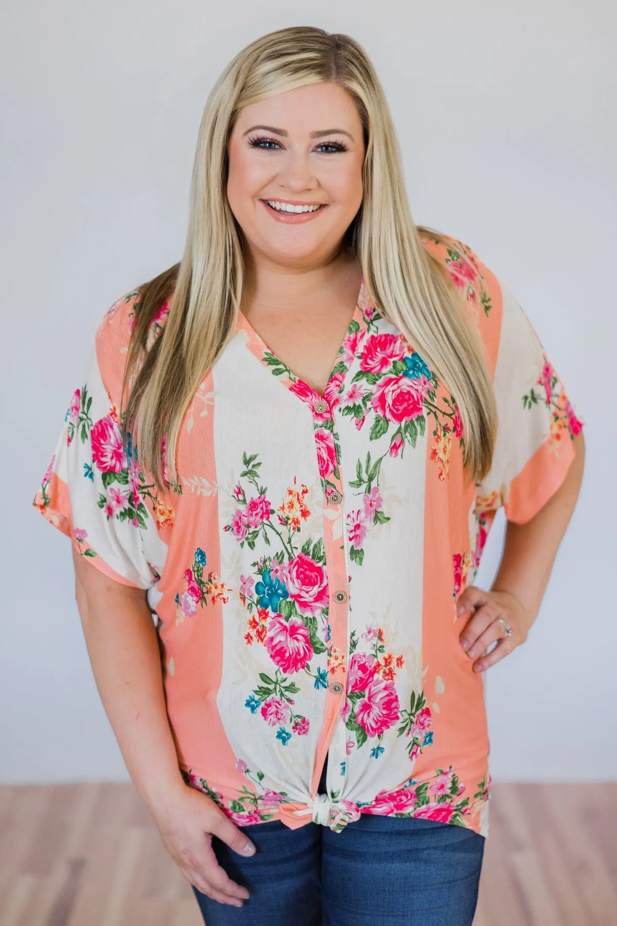 Peachy Keen Floral Dolman Knot Top- Peach & Ivory