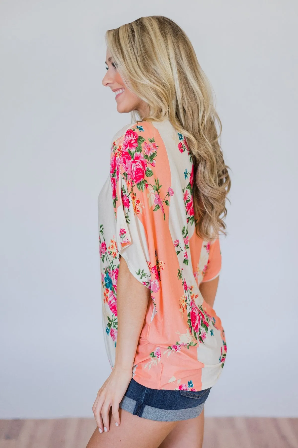 Peachy Keen Floral Dolman Knot Top- Peach & Ivory