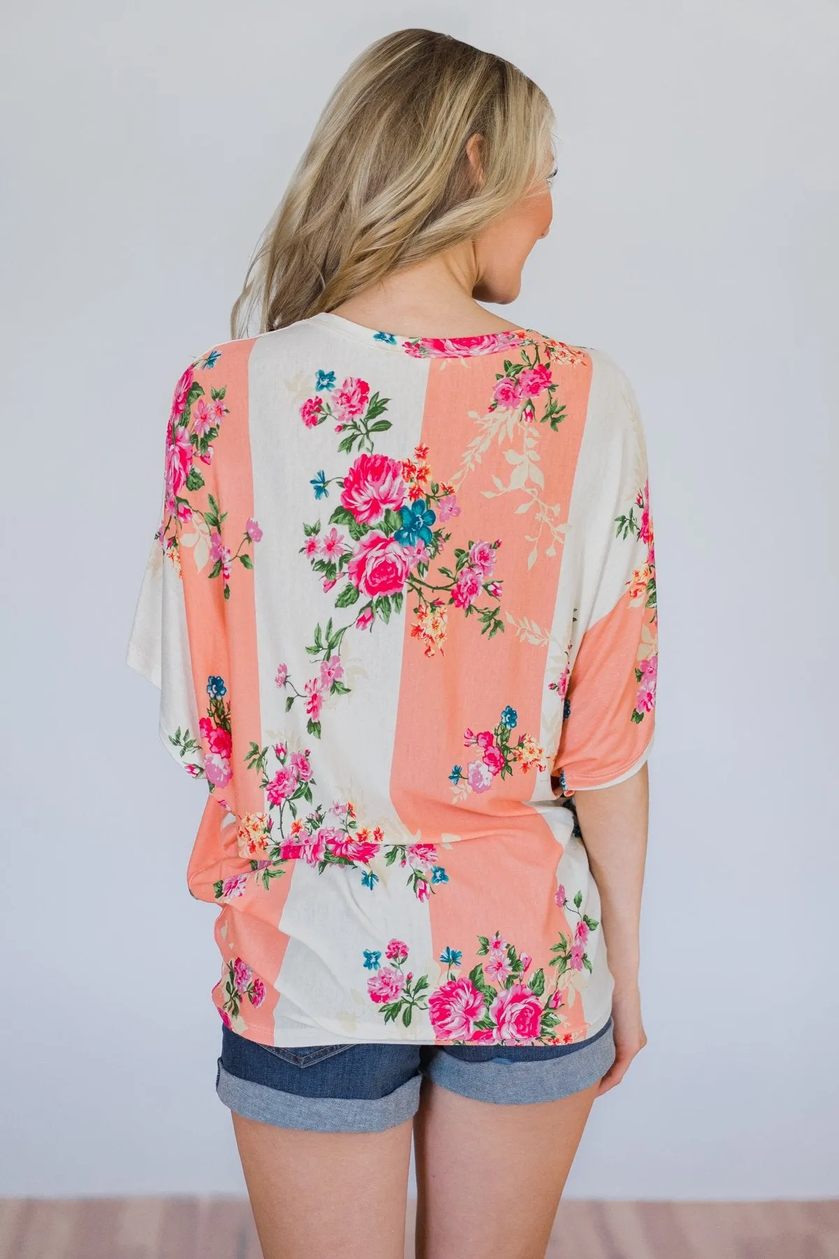 Peachy Keen Floral Dolman Knot Top- Peach & Ivory