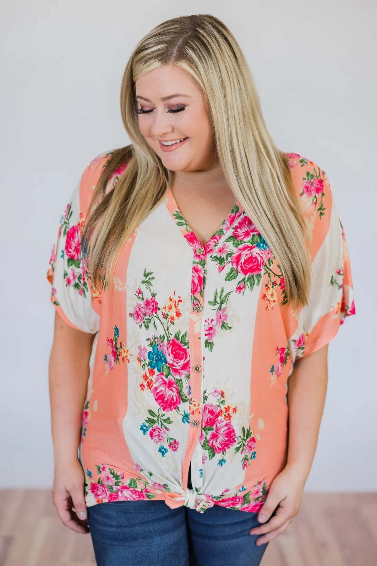 Peachy Keen Floral Dolman Knot Top- Peach & Ivory