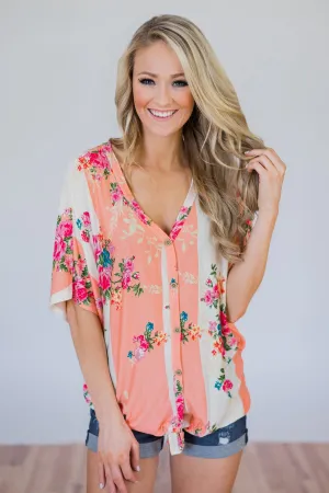 Peachy Keen Floral Dolman Knot Top- Peach & Ivory