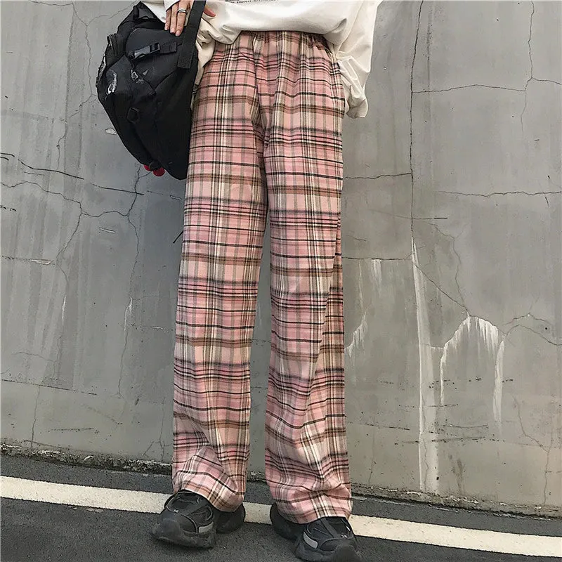 Pink Retro Plaid Hip Hop Loose Pants
