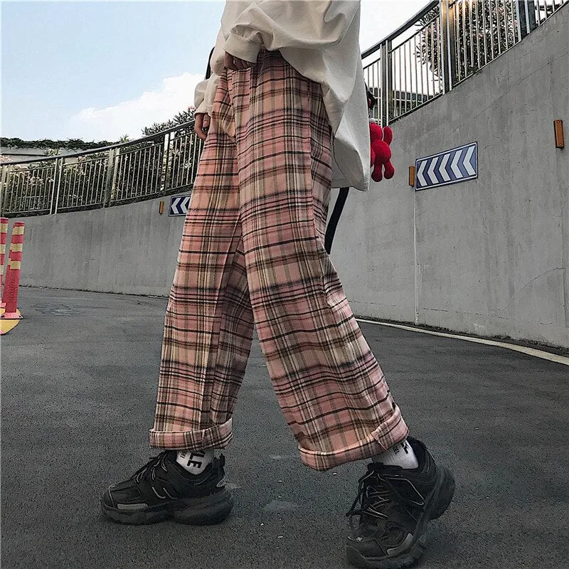 Pink Retro Plaid Hip Hop Loose Pants