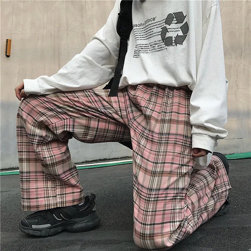 Pink Retro Plaid Hip Hop Loose Pants
