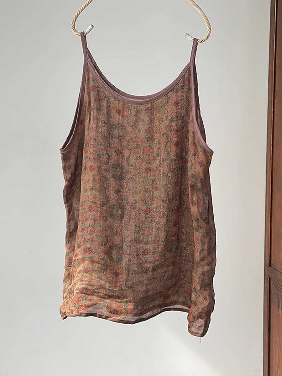 Plus Size Women Summer Vintage Flower Ramie Thin Vest