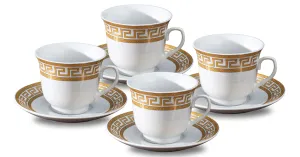 Porcelain Tea Set 8 Piece - White with Gold Greek Key Design - 5.5 Inch Saucers, 6.5 oz Cups - Perfect for Tea Parties, Cappuccino, Black Tea, Vintage Home Decor (Meander Gold 3008, 8 Piece)