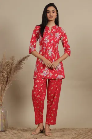 Red Bold Floral Printed A-line Kurta and Pants Co-ord Set