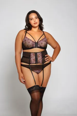 Rosemary Bralette, Garter and Panty Set - Fuchsia/Black -