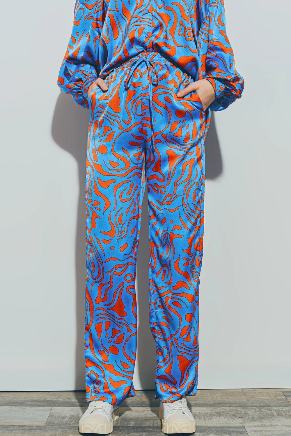 Satin Pants with Elastic Waist in Blue