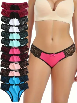 Seamless Low Waist Women's Daily Sports Underwear - 12PCS Triangle Pants with Lace Bow