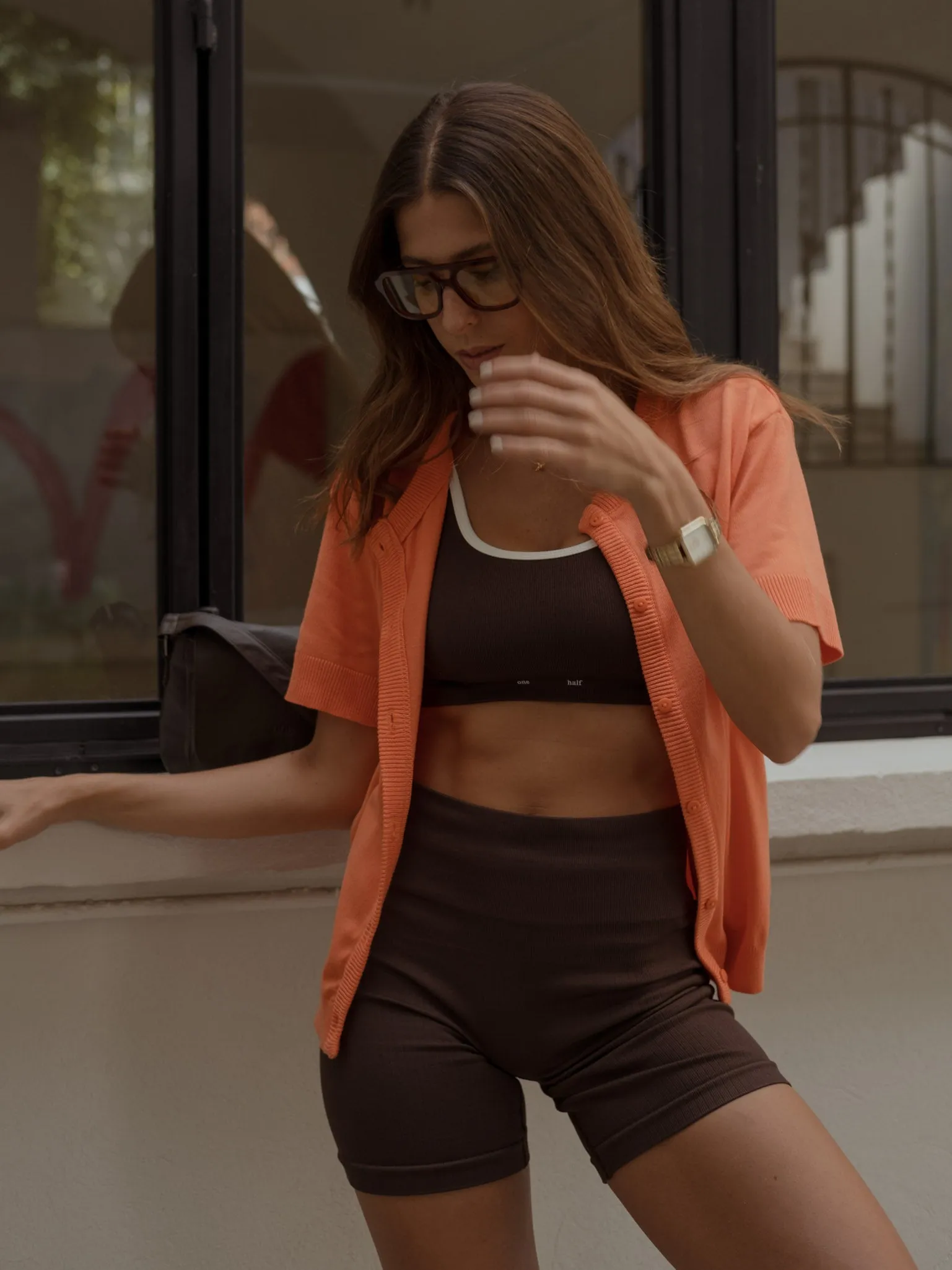 SHORT SLEEVE KNIT CARDIGAN - BRIGHT ORANGE