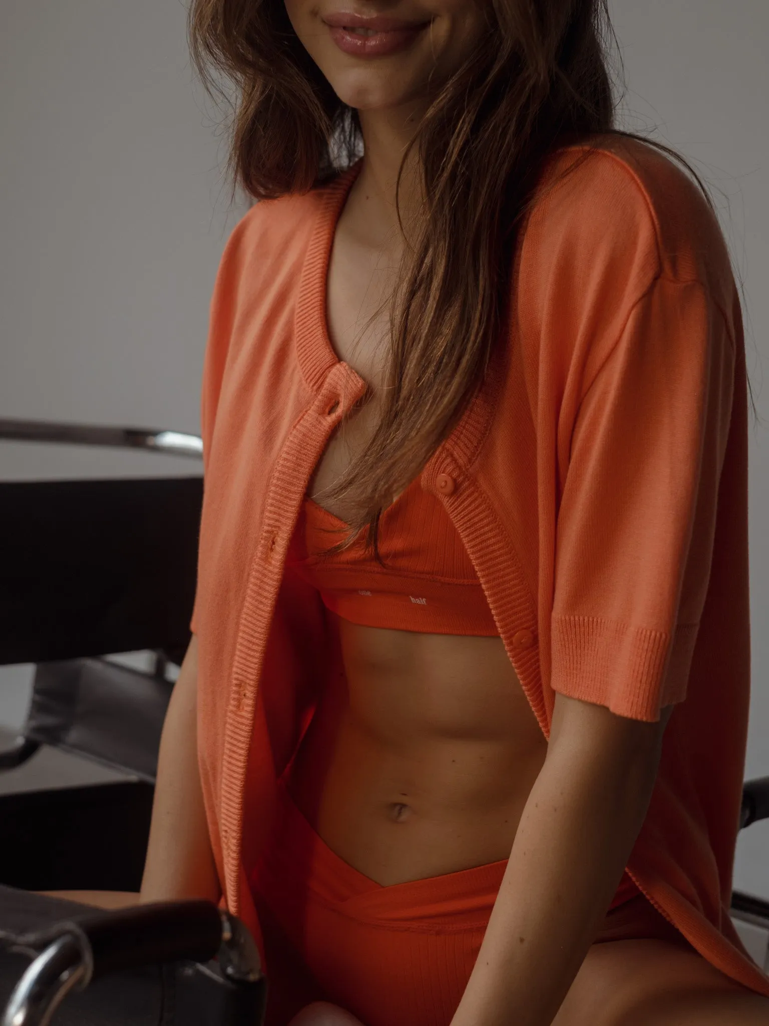 SHORT SLEEVE KNIT CARDIGAN - BRIGHT ORANGE