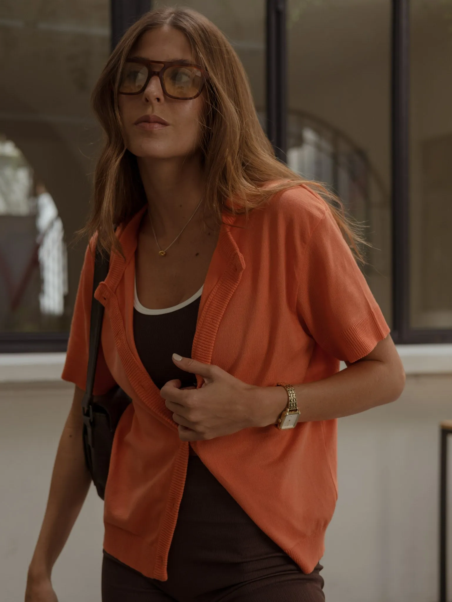 SHORT SLEEVE KNIT CARDIGAN - BRIGHT ORANGE
