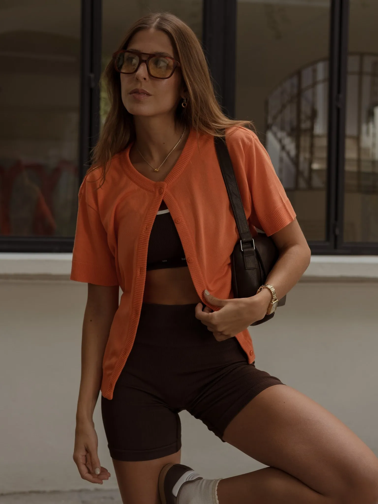SHORT SLEEVE KNIT CARDIGAN - BRIGHT ORANGE