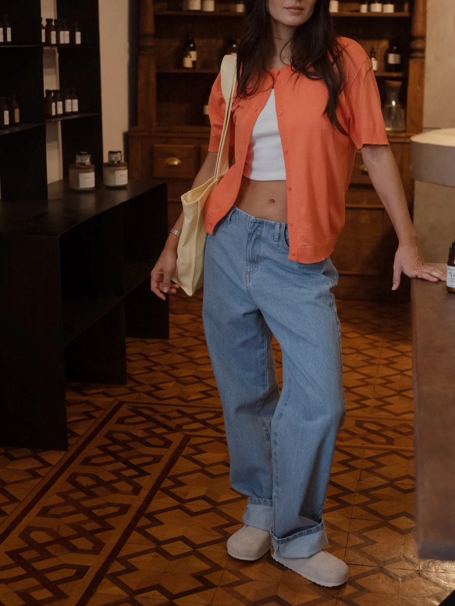 SHORT SLEEVE KNIT CARDIGAN - BRIGHT ORANGE