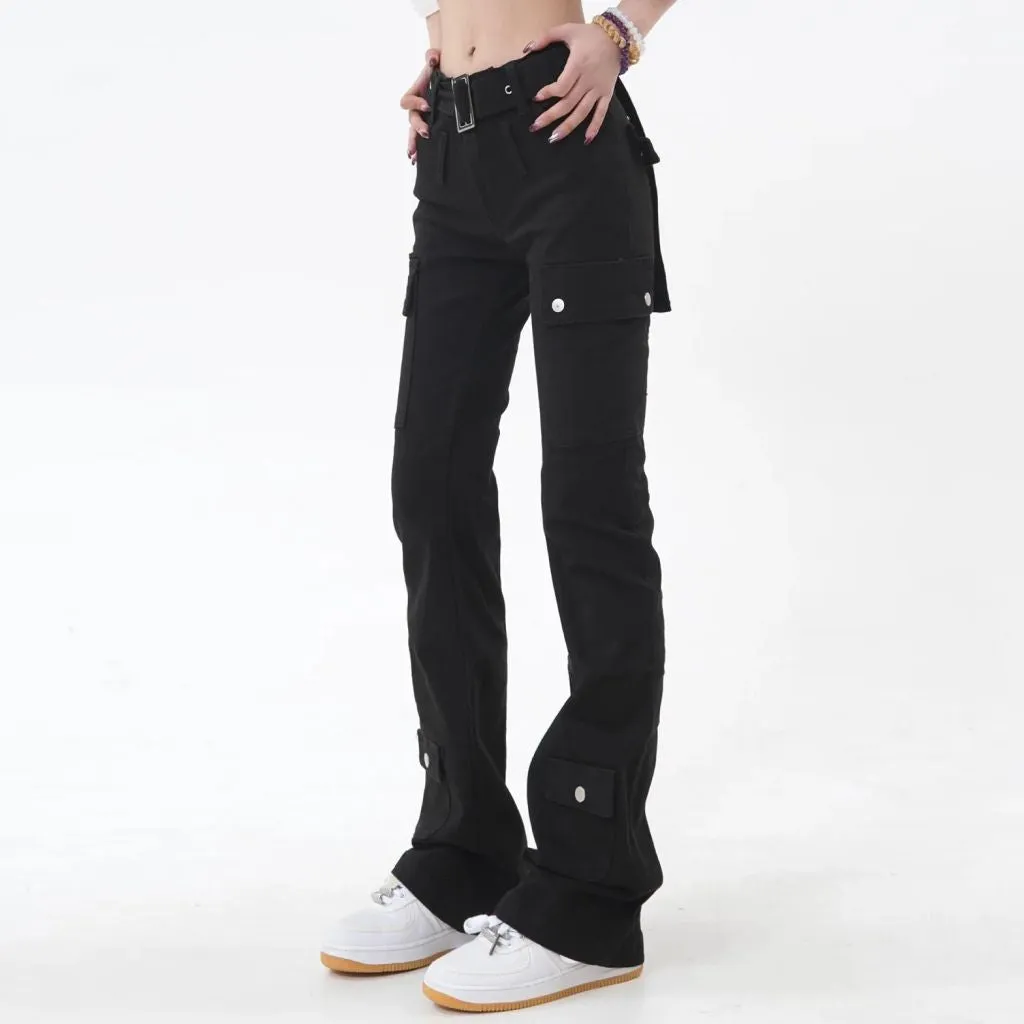 Slim Black Flare Pants: American Style Solid Color Chic Buttons Women's Jeans