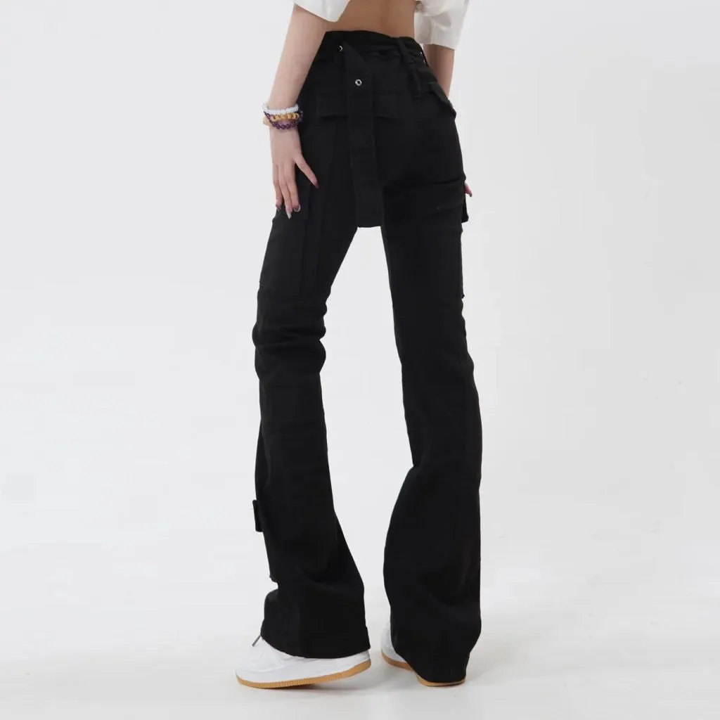 Slim Black Flare Pants: American Style Solid Color Chic Buttons Women's Jeans