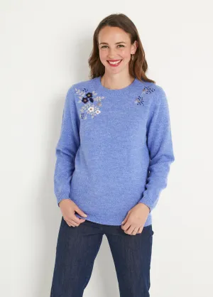 Soft plain embroidered long-sleeved round neck sweater