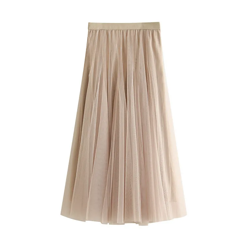 Soft Tulle A-Line Midi Skirt with Elastic Waistband