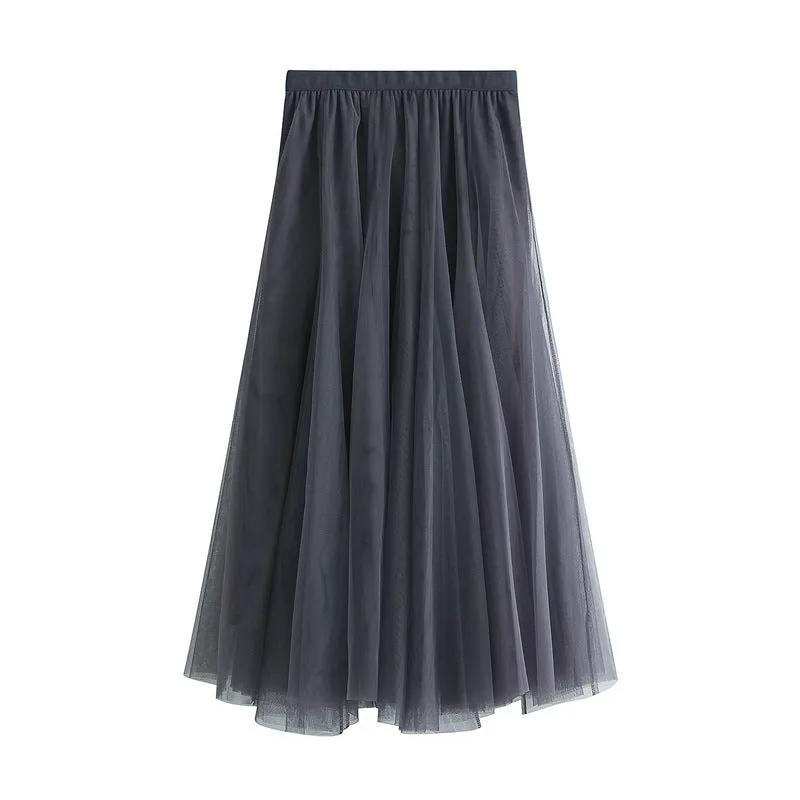 Soft Tulle A-Line Midi Skirt with Elastic Waistband